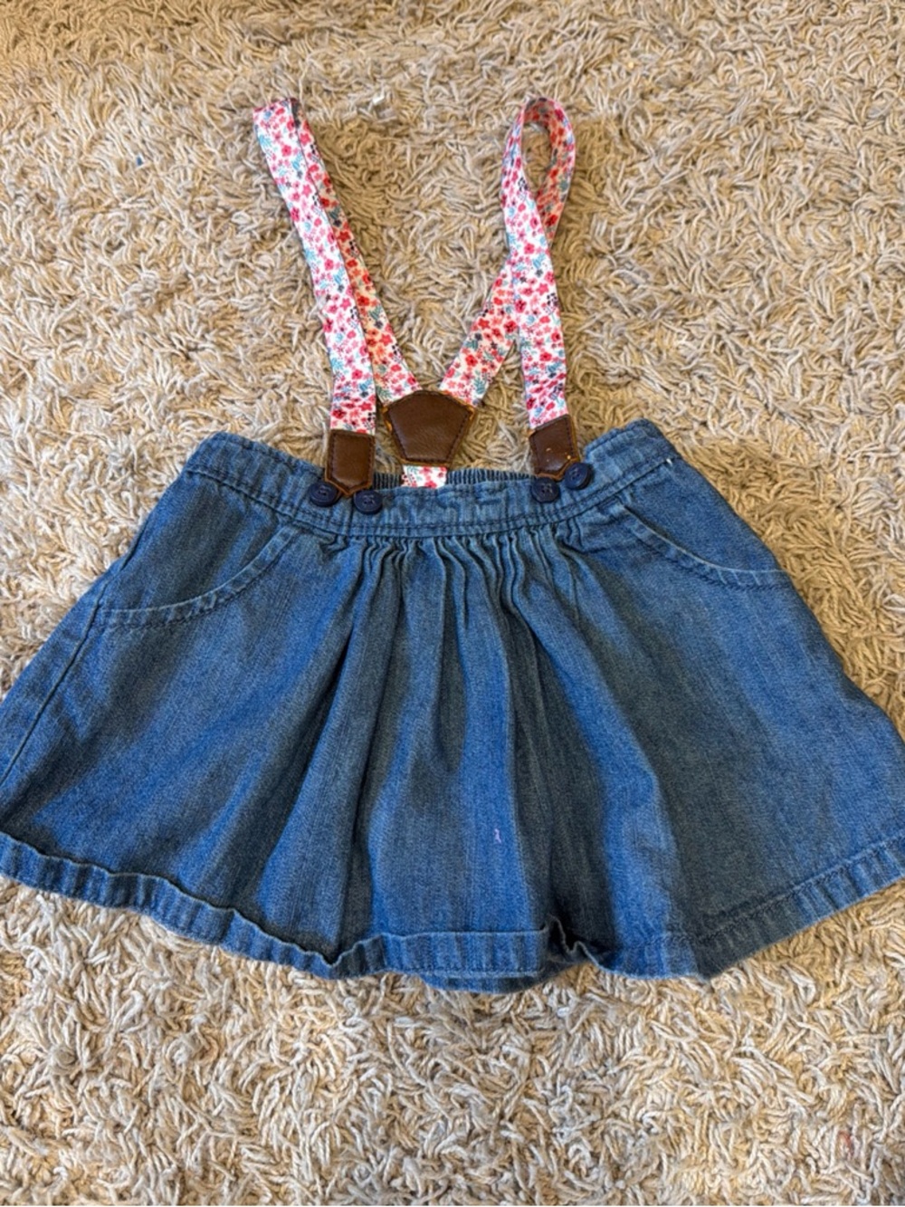 OshKosh B'gosh Denim Skirt with Floral Pink Blue Suspenders